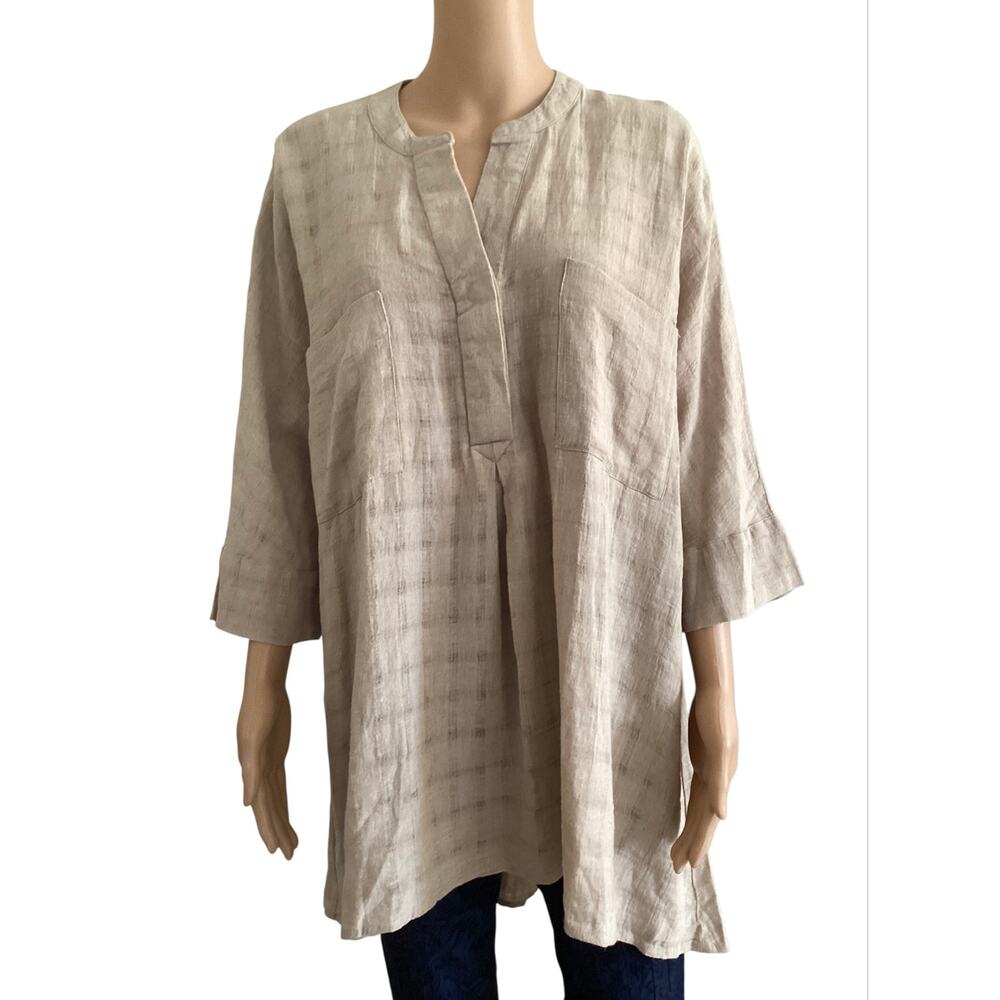 Marc New York by Andrew Marc Linen Blend Tunic Top Split Neck Popover Blouse M